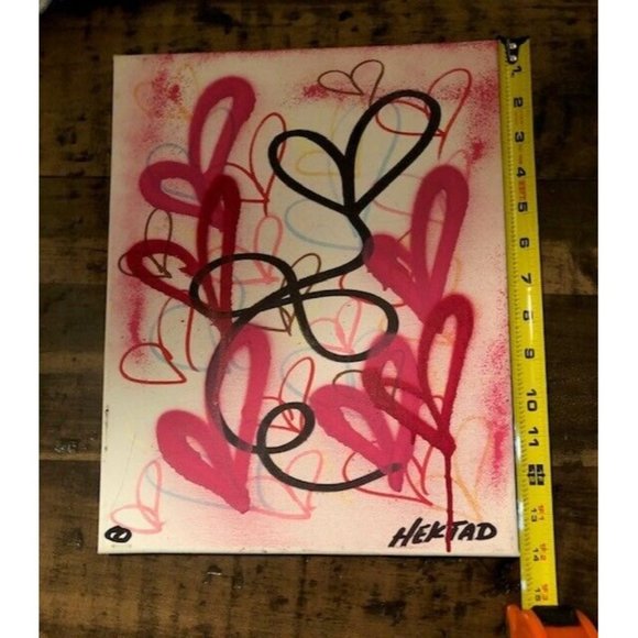 RARE HEKTAD 2017 GRAFFITI ART PINK AND BLACK HEARTS 11" X 14" ORIGINAL PAINTING - Picture 3 of 6